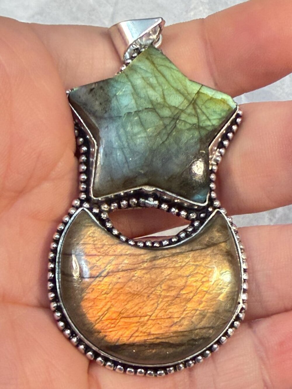 Labradorite Star & Crescent Moon Pendant Natural Gemstone Blue Gold Flash OOAK